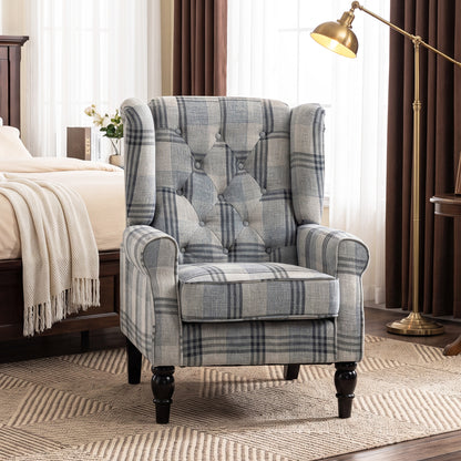 Faux Linen Armchair with Thick Spring Cushion, Wingback Accent Chair with High Back, Solid Wood Legs, Mixed Plaid