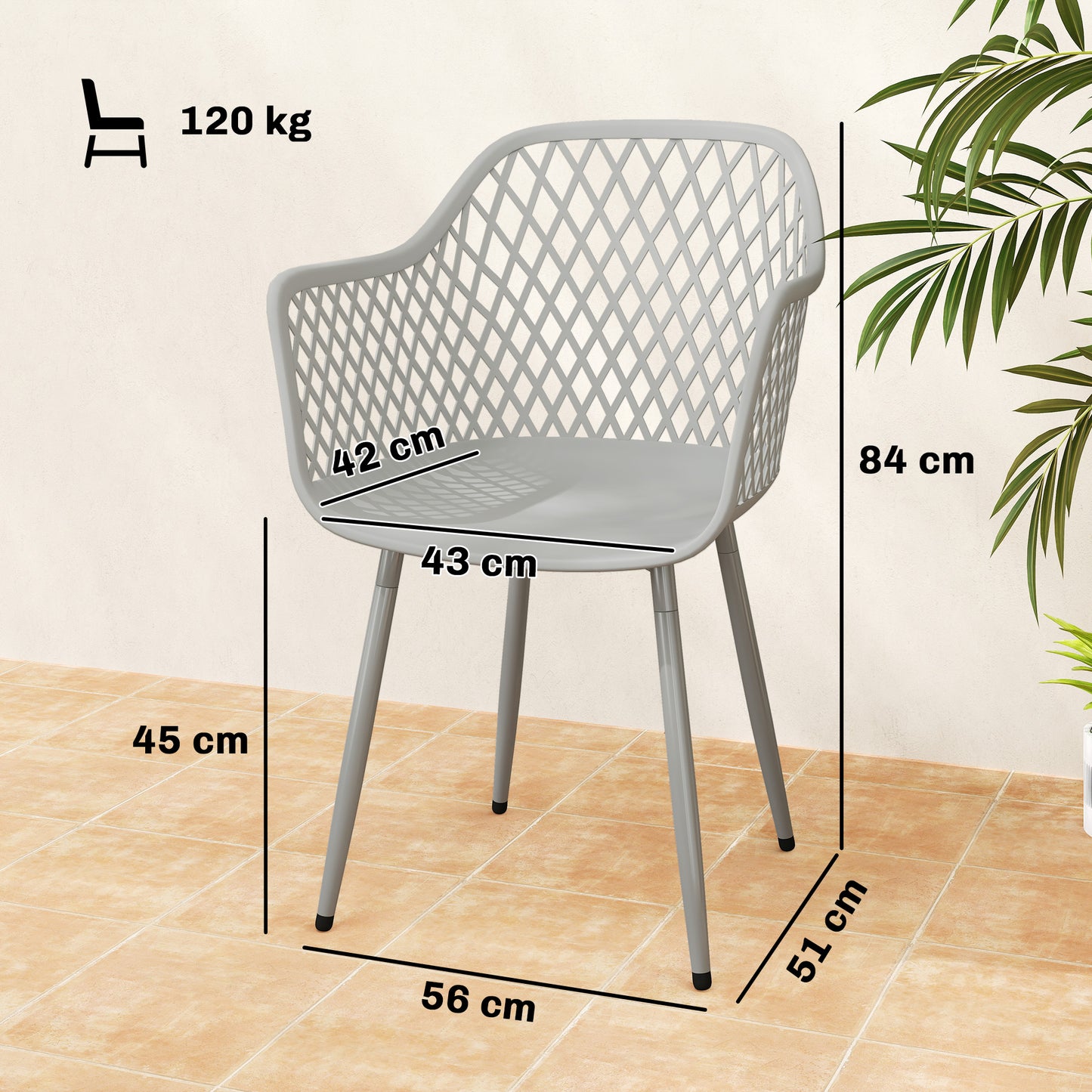 Garden Chairs Set of 4, Garden Dining Chairs with Cut Out Diamond Back and Armrests for Patio, Balcony, Terrace, Grey