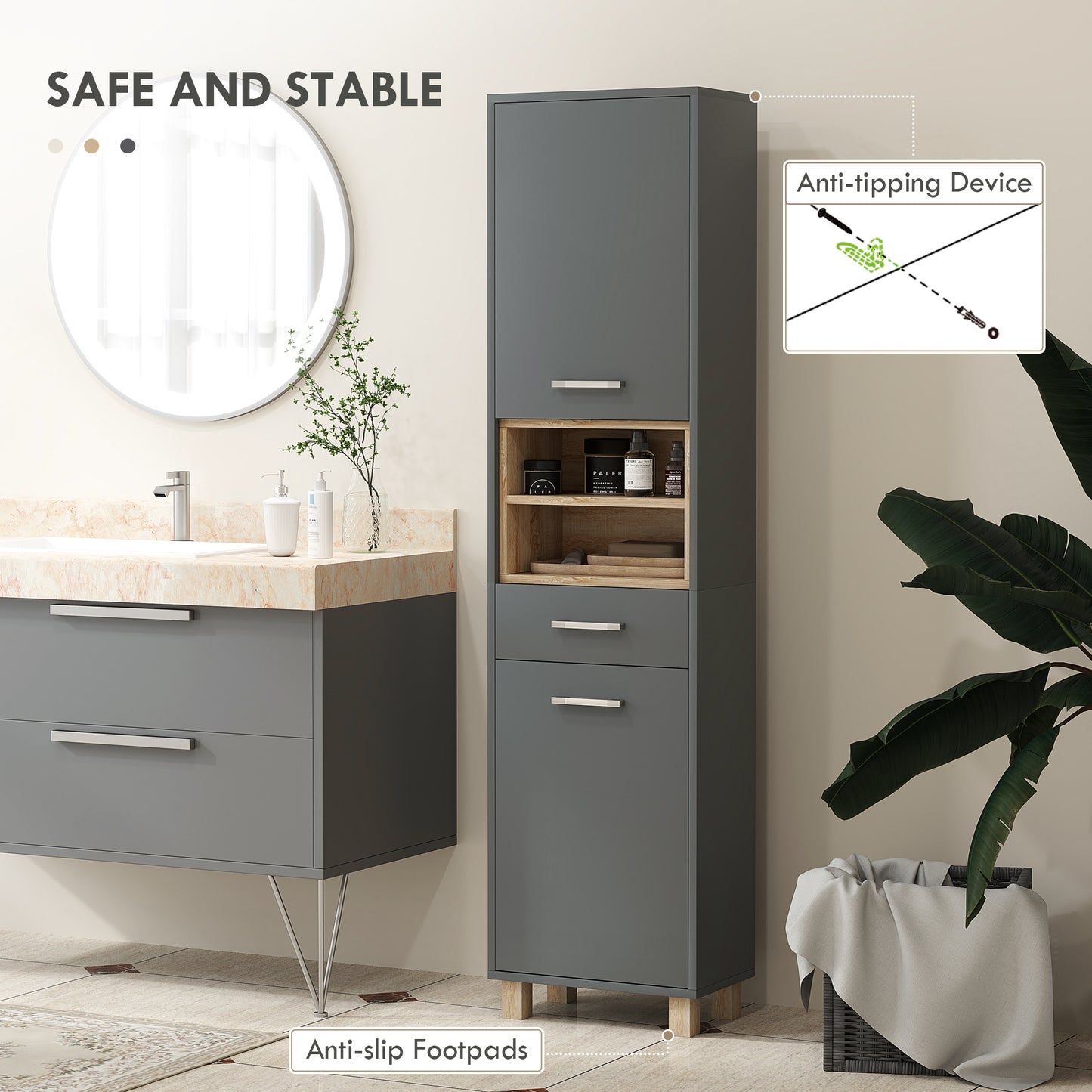 Tall Bathroom Storage Cabinet with MDF Triamine Board and Waterproof Sticker - Matte Grey