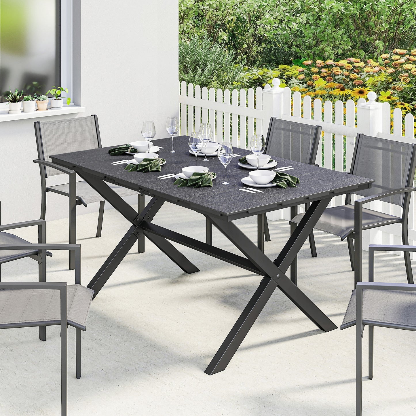 Garden Dining Table for 6, Rectangular Outdoor Table with Wood Effect HDPE Top, X-Shaped Metal Legs, Black