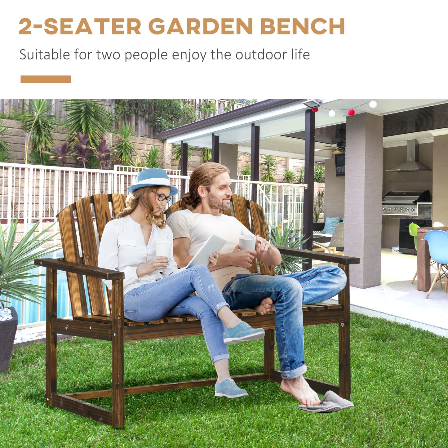 Outdoor Wooden Garden Bench, Patio Loveseat Chair with Slatted Backrest and Smooth Armrests for Two People, for Yard, Lawn