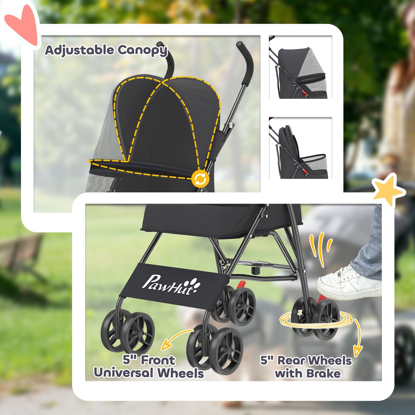 Dog Stroller, Foldable Cat Dog Pram for Miniature Breeds, Pet Stroller with Brake, Mesh Windows, Black