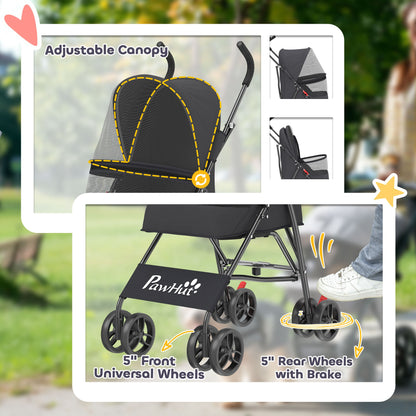 Dog Stroller, Foldable Cat Dog Pram for Miniature Breeds, Pet Stroller with Brake, Mesh Windows, Black