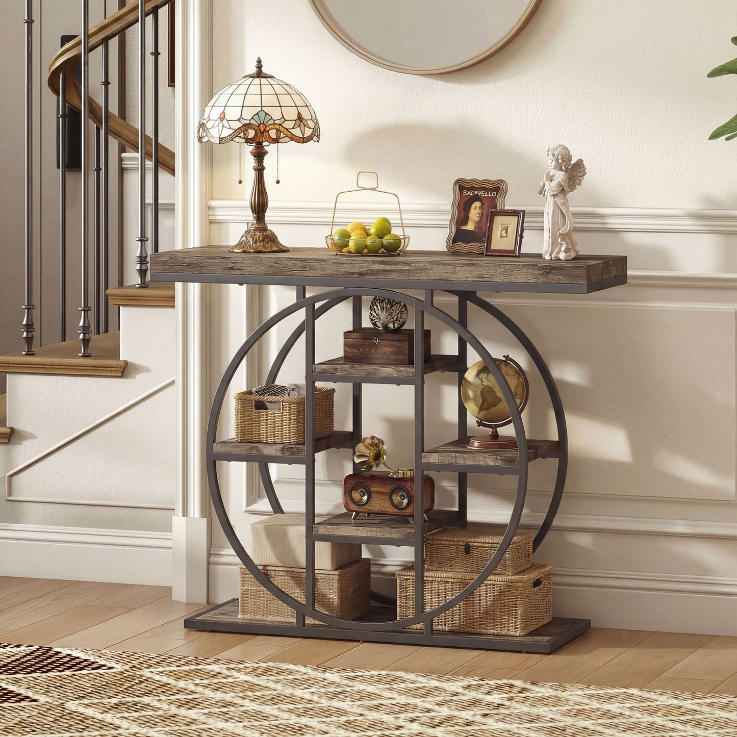 Industrial Console Table with Storage Shelves - Rustic Brown