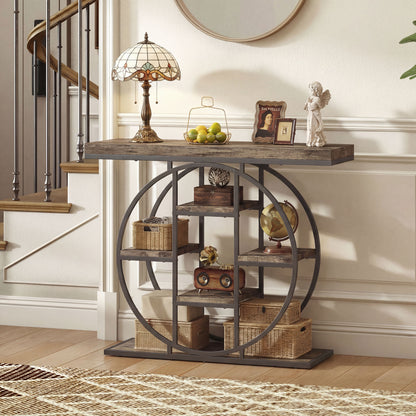 Industrial Console Table with Storage Shelves - Rustic Brown