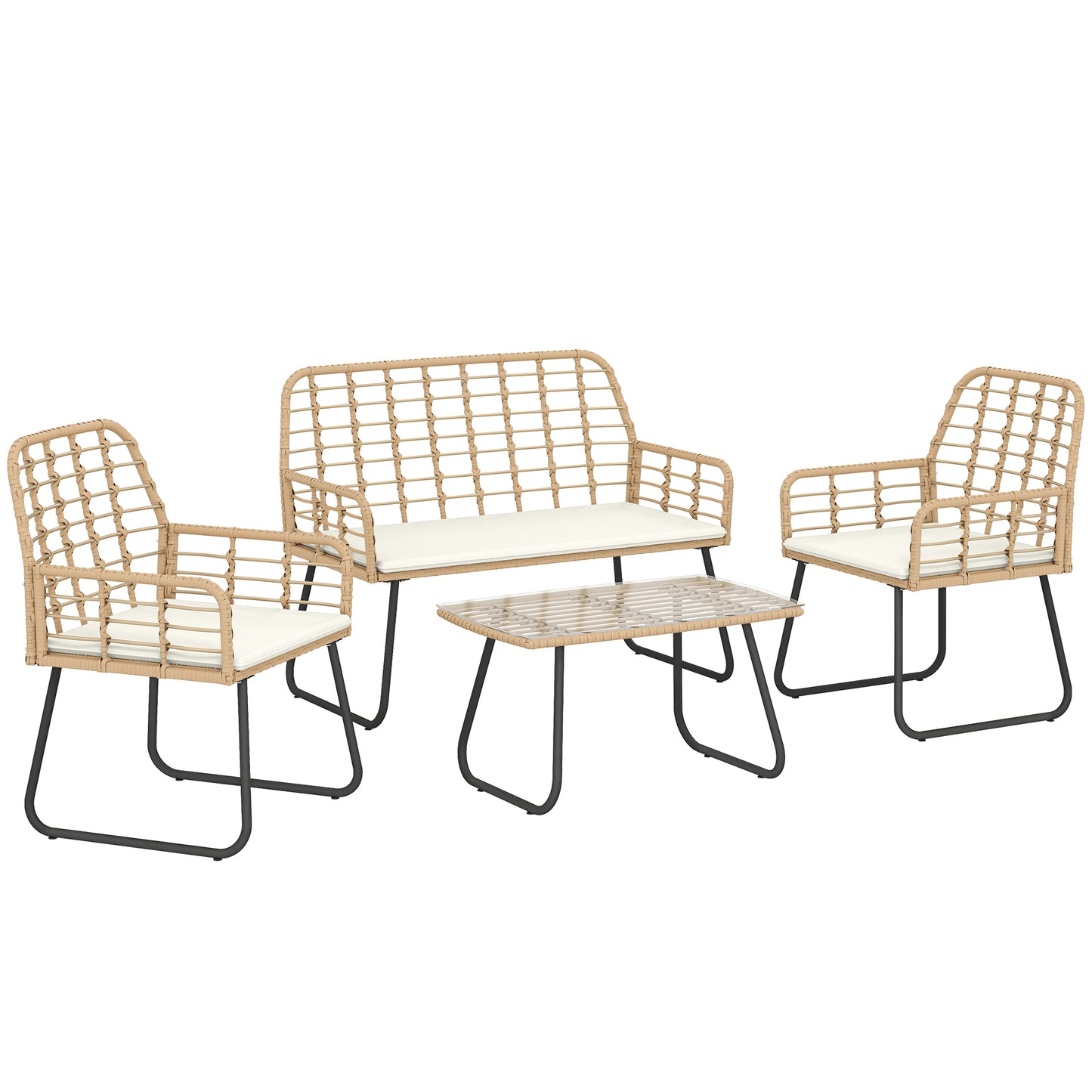 4 Piece Rattan Garden Furniture Set, Outdoor Patio Furniture with Loveseat, Armchairs and Coffee Table