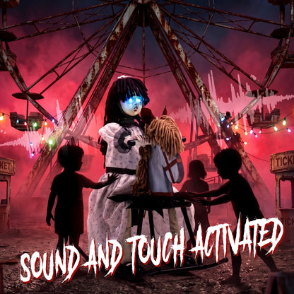 Animated Halloween Girl Riding Horse, Halloween Animatronics with Creepy Rhymes, Glowing Eyes, Sound/Touch Activated
