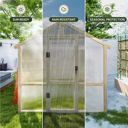 6.6 x 6ft Polycarbonate Greenhouse, Walk-in Wooden Greenhouse with Lockable Door and Window, Garden Plants Grow House, Brown