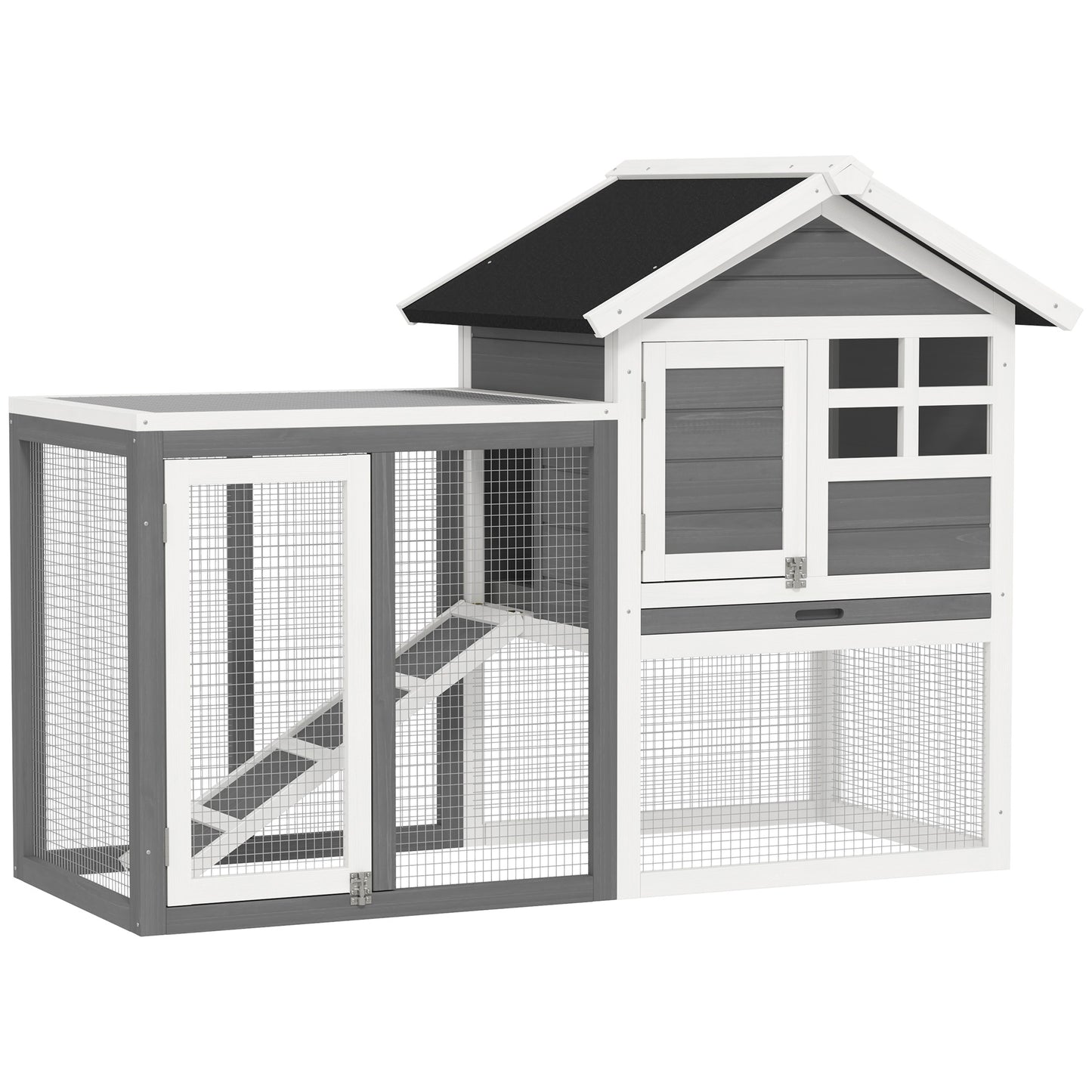 Rabbit Hutch Outdoor Wooden Guinea Pig Hutch Rabbit Run Bunny Cage Small Animal House Pull-Out Tray, Grey, 124 x 63 x 93 cm