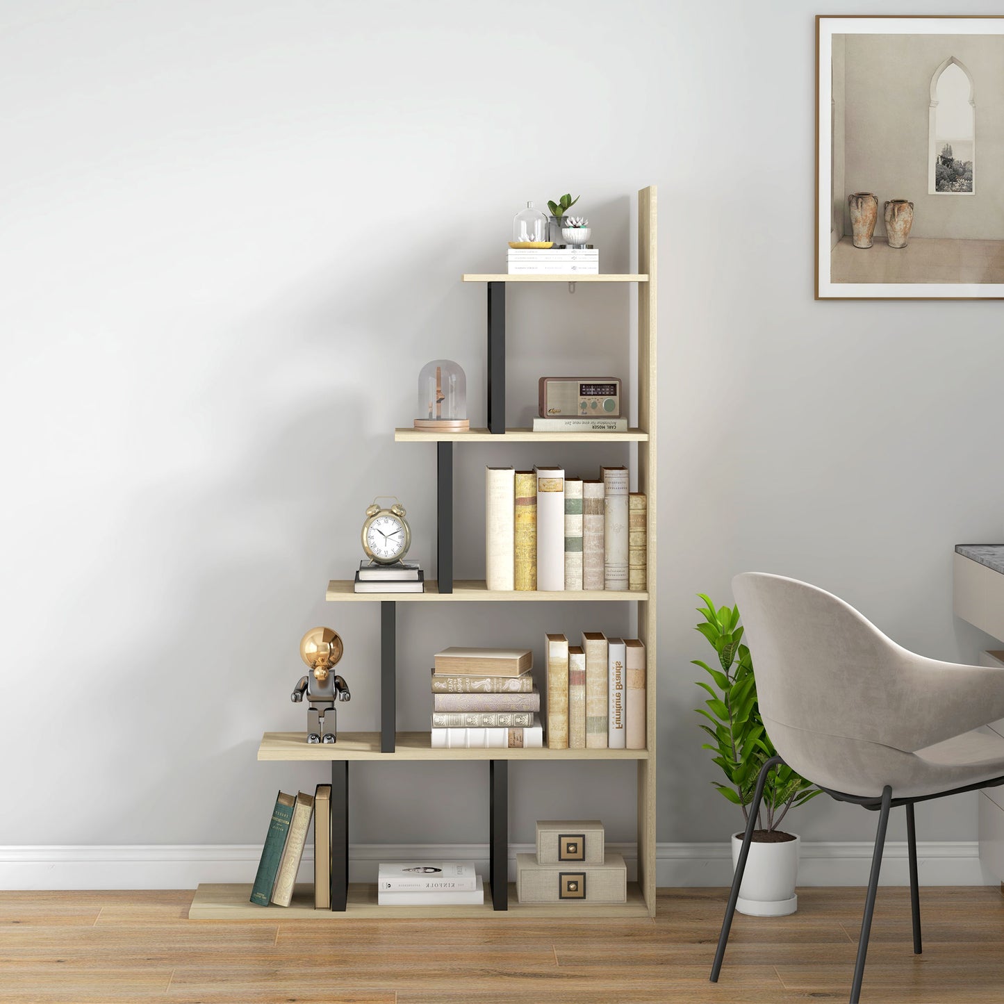 5-Tier Bookcase, Wooden Ladder Bookshelf Display Stand, Oak