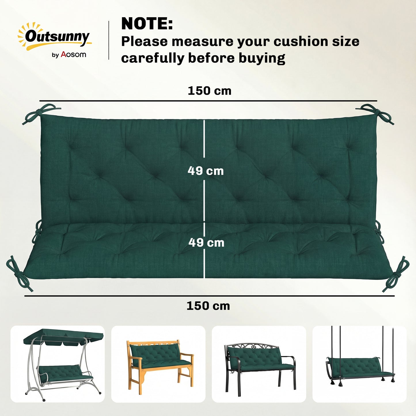 3 Seater Bench Cushion, Garden Chair Cushion with Back and Ties for Indoor and Outdoor Use, 98 x 150 cm, Green