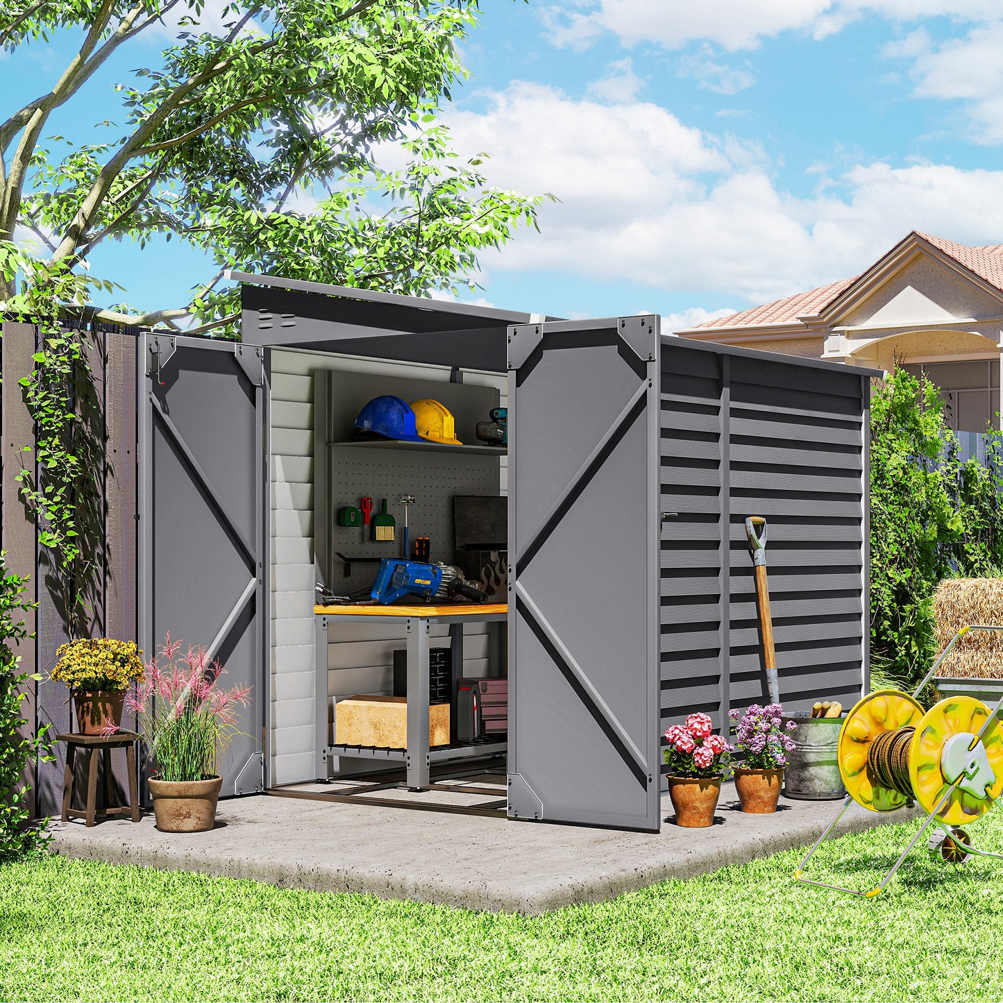 5 x 9ft Galvanised Metal Garden Shed with Foundation Kit, Outdoor Lean-to Shed, Tool Storage House for Garden, Grey