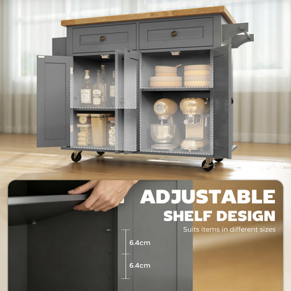Rolling Kitchen Island Storage Trolley with Rubber Wood Top & Drawers for Dining Room, Grey