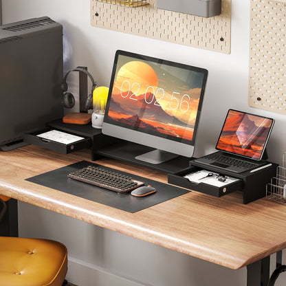 Dual Monitor Stand Riser with 2 Drawers, Adjustable Length and Angle, 116cm Monitor Riser for Laptop, Computer, PC