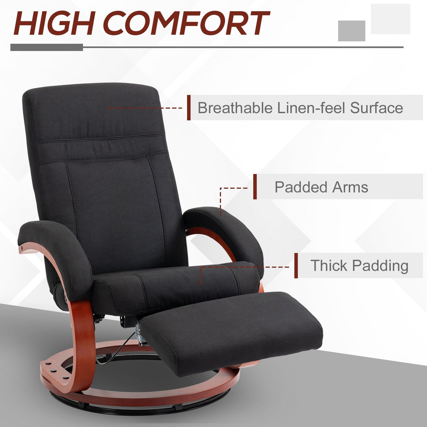 135° Manual Reclining Swivel Chair, with Footrest - Black
