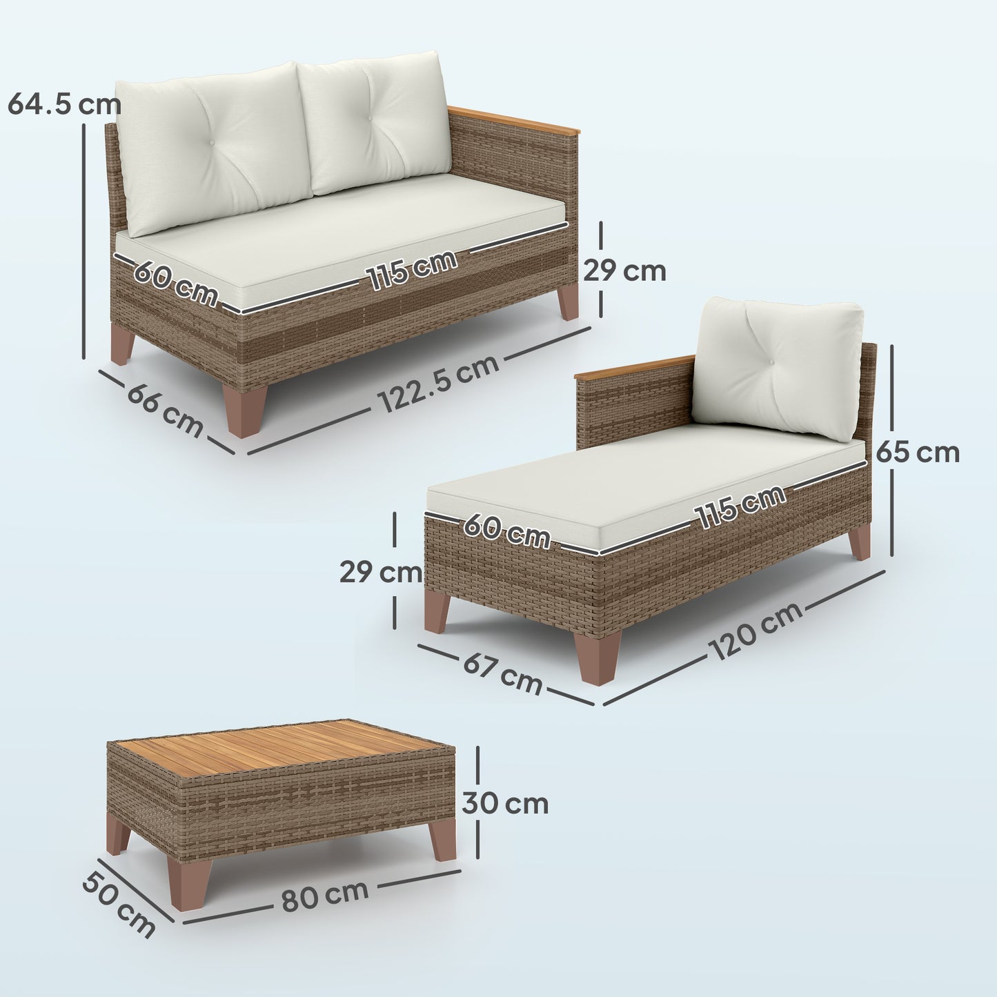 3 Pieces Rattan Garden Furniture Set, L Shaped Garden Conversation Chaise Lounge Furniture
