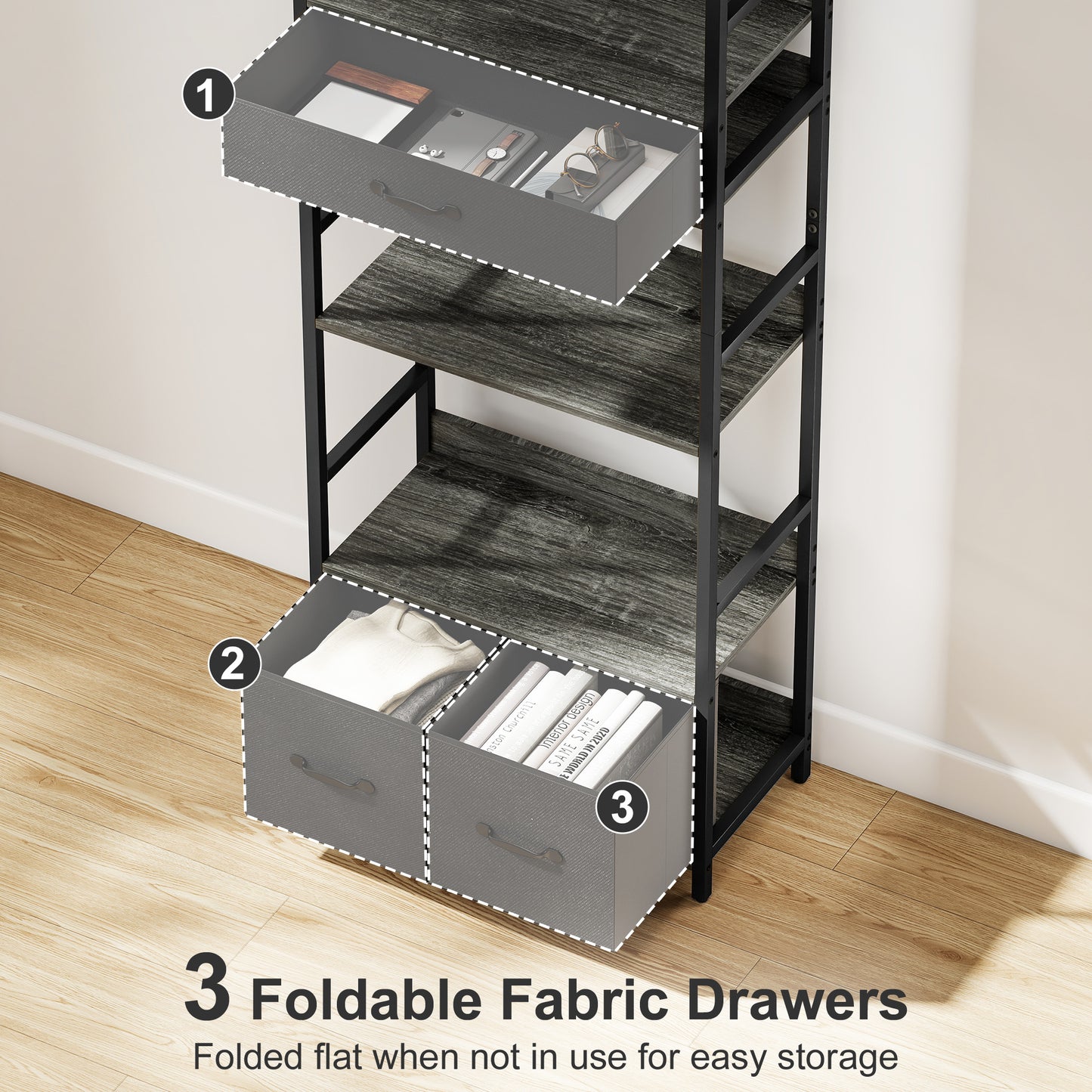 Industrial Style Bookcase, with 4 Shelves and 3 Fabric Drawers - Grey/Black