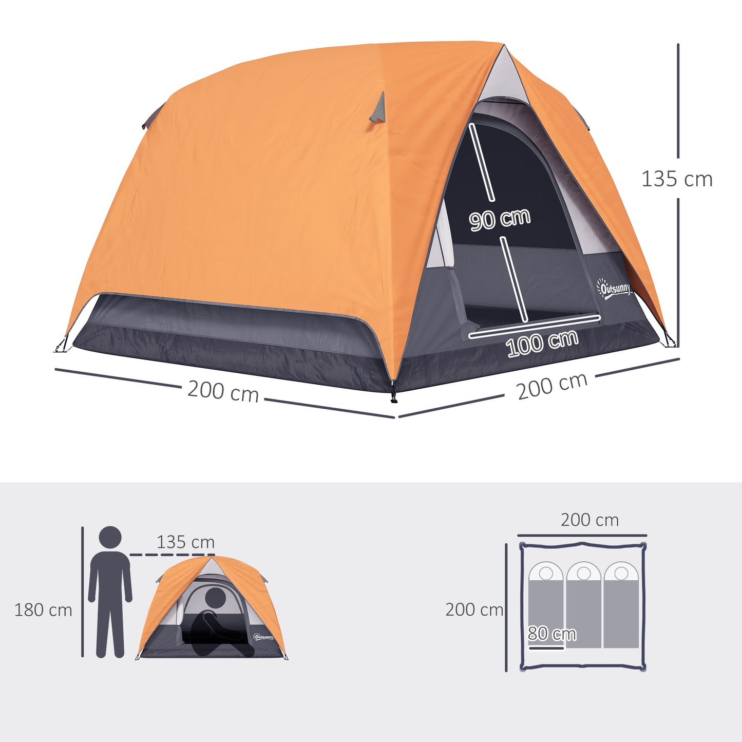 3-4 Person Camping Tent, Easy Set Up Waterproof Dome Tent with Sewn-in Groundsheet, Mesh Windows
