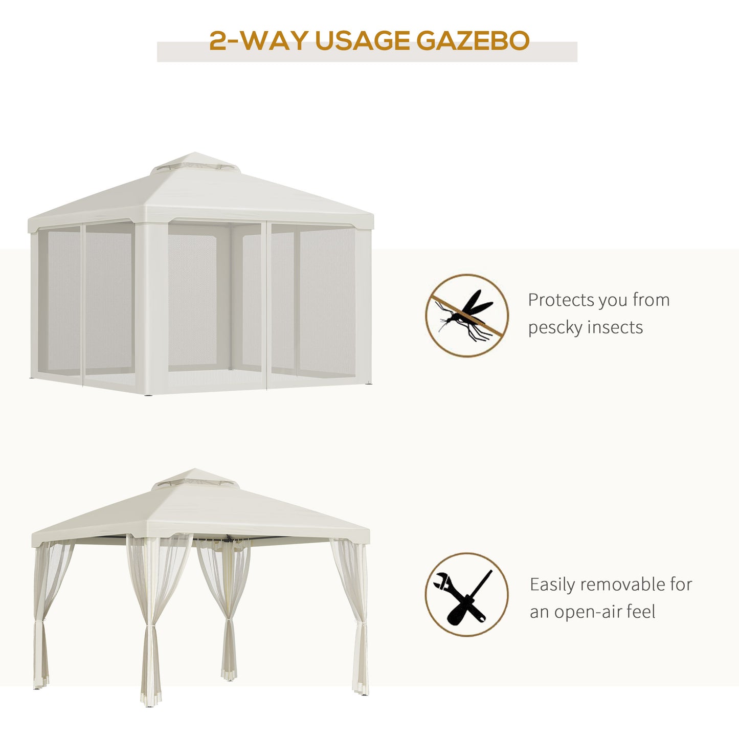 3 x 3 m Metal Gazebo, Double Roof Canopy Shelter with Mesh Sidewalls, Cream White