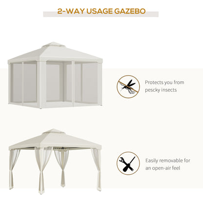 3 x 3 m Metal Gazebo, Double Roof Canopy Shelter with Mesh Sidewalls, Cream White