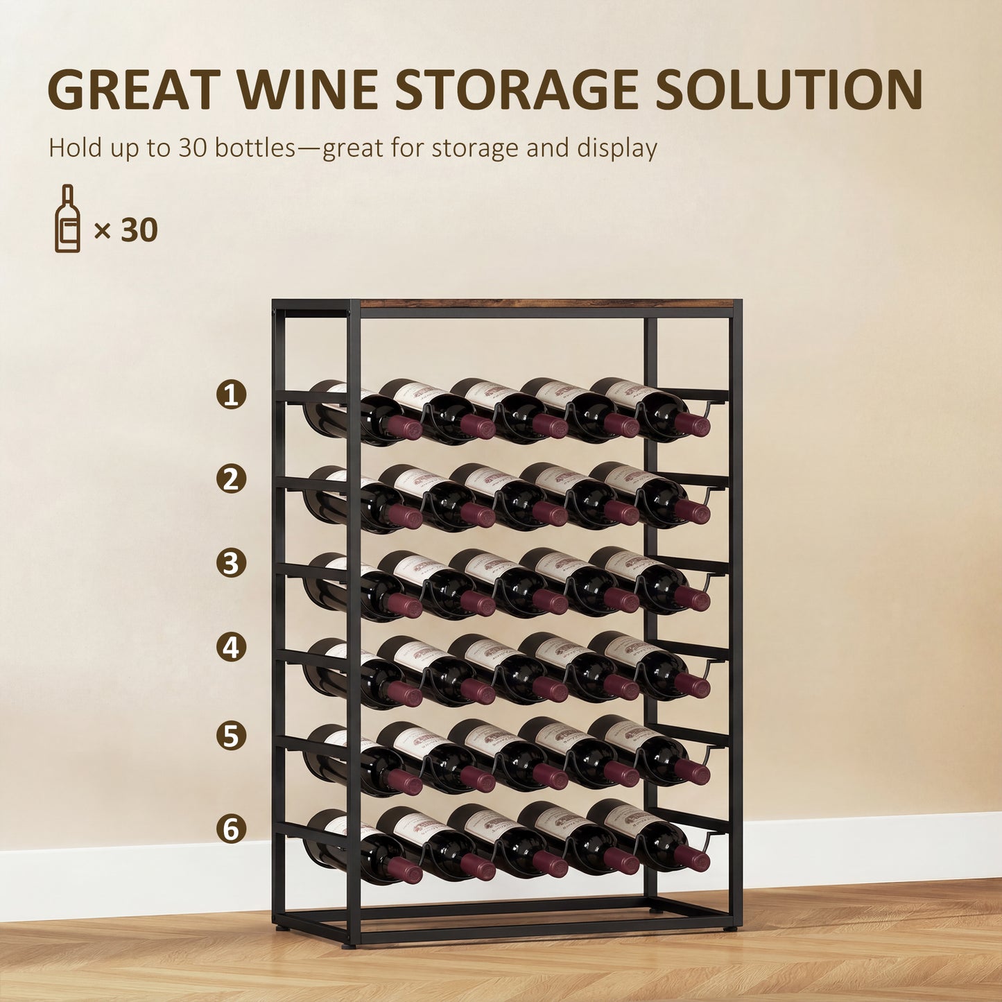 30 Bottles Wine Rack, 6 Tier Free Standing Wine Storage Holder with Wood Effect Tabletop, Rustic Brown