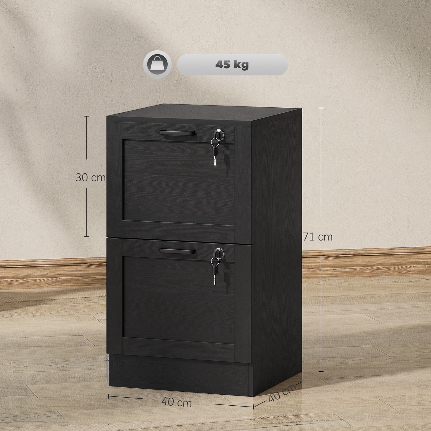 2-Drawer Filing Cabinet with Lock - Black