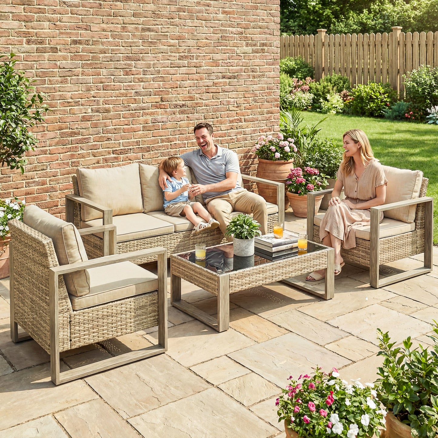 Rattan Garden Set, 4 Piece Rattan Garden Furniture Set with 3-Seater Sofa, Armchairs, Table, Aluminium Frame Patio Furniture