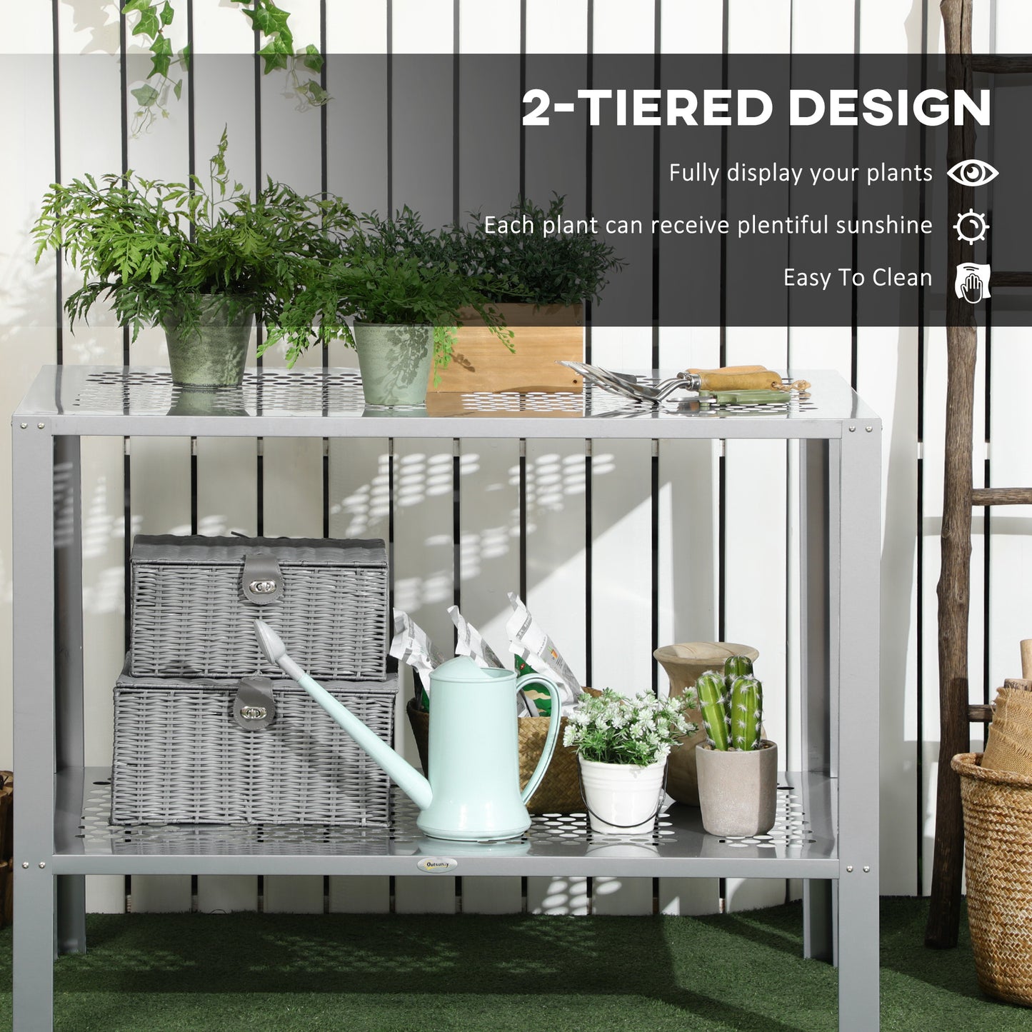 2-Tier Plant Stand, Corner Plant Shelf for Outdoor and Indoor Storage Organizer, Freestanding Flower Rack with Steel Frame