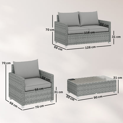 4 Piece Rattan Garden Furniture Set with Loveseat, 2 Armchairs, Glass-Top Table, Wicker Patio Conversation Set, Grey
