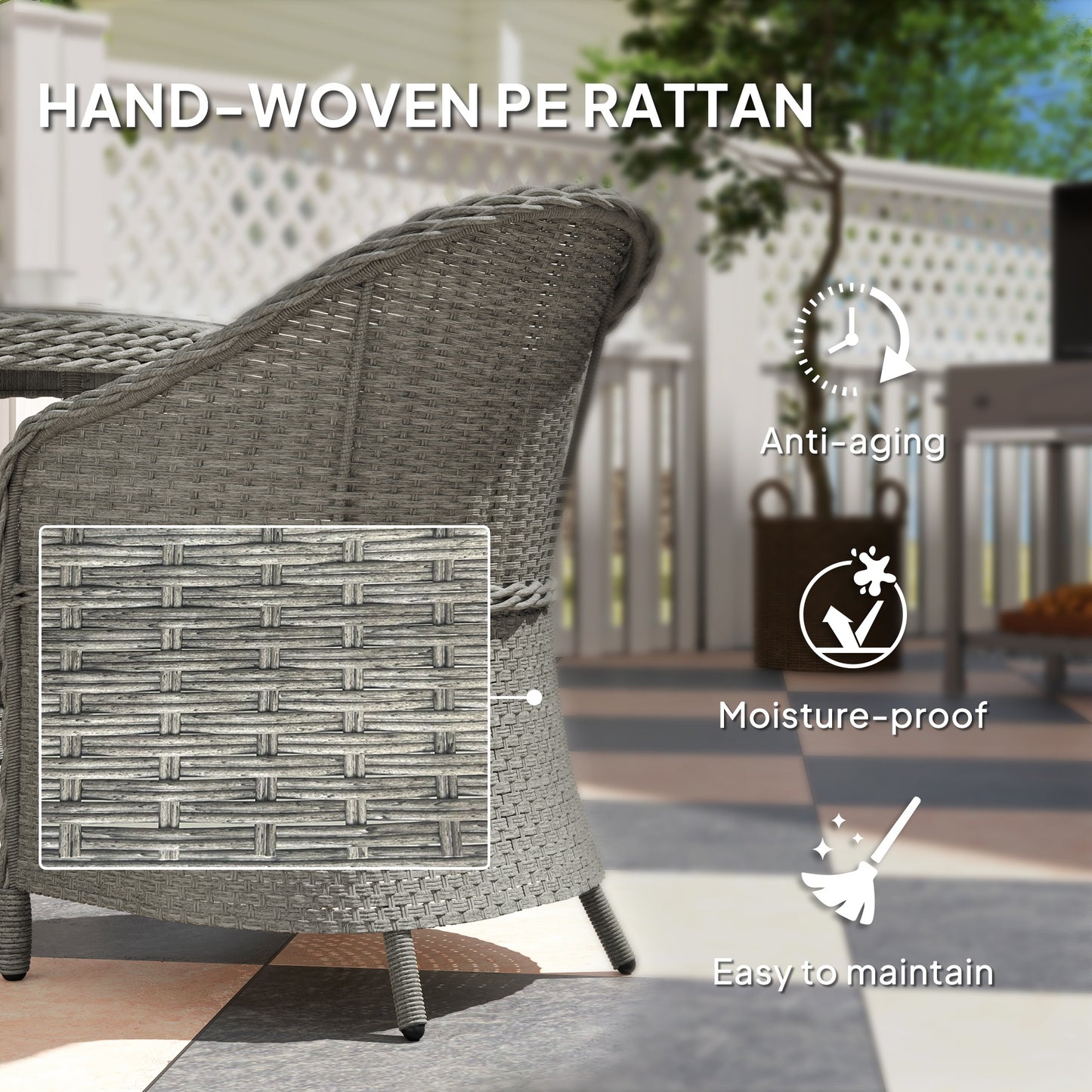 4 Seater Rattan Garden Furniture Set with Cushions, Round PE Rattan Dining Set with Glass-Top Table, Umbrella Hole