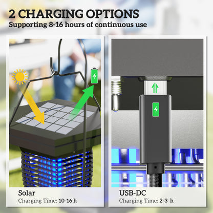 2-in-1 Electric Fly Zapper with UVA Light, Hanging Garden Lantern, Solar and USB-DC Rechargeable Insect Mosquito Bug Zapper