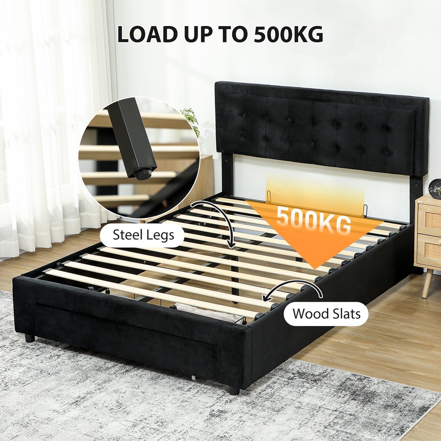 King Size Ottoman Bed Frame, with Front Drawer - Black