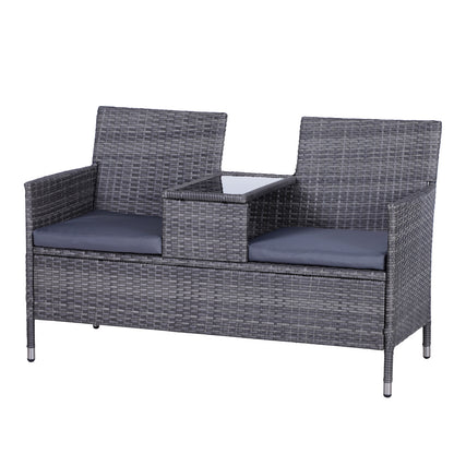 2-Seater PE Rattan Outdoor Garden Bench w/ Centre Table Grey