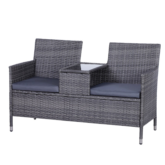 2-Seater PE Rattan Outdoor Garden Bench w/ Centre Table Grey