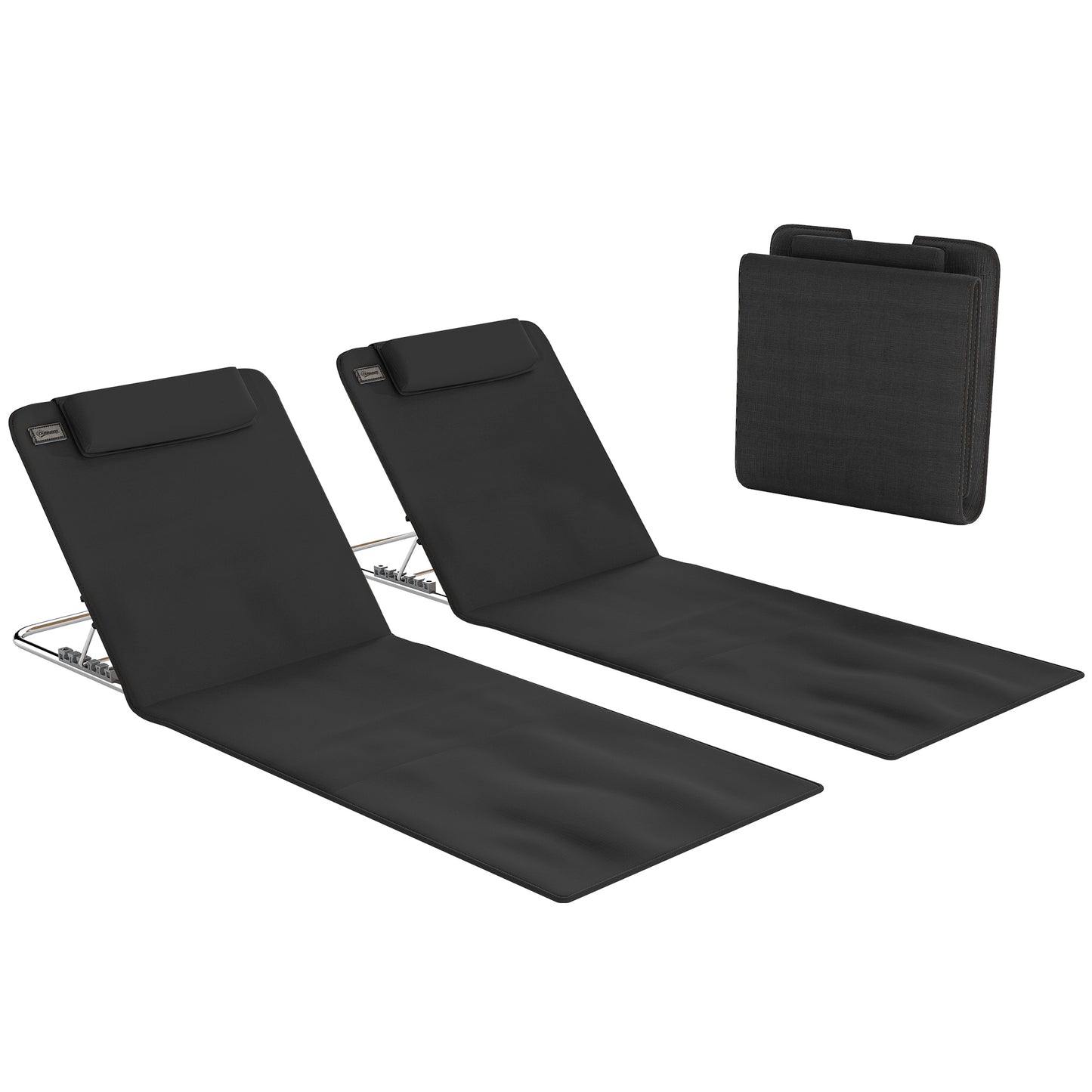 Set of 2 Foldable Garden Beach Chair Mat Lightweight Outdoor Sun Lounger Seats Adjustable Back Metal Frame PE Fabric Head Pil