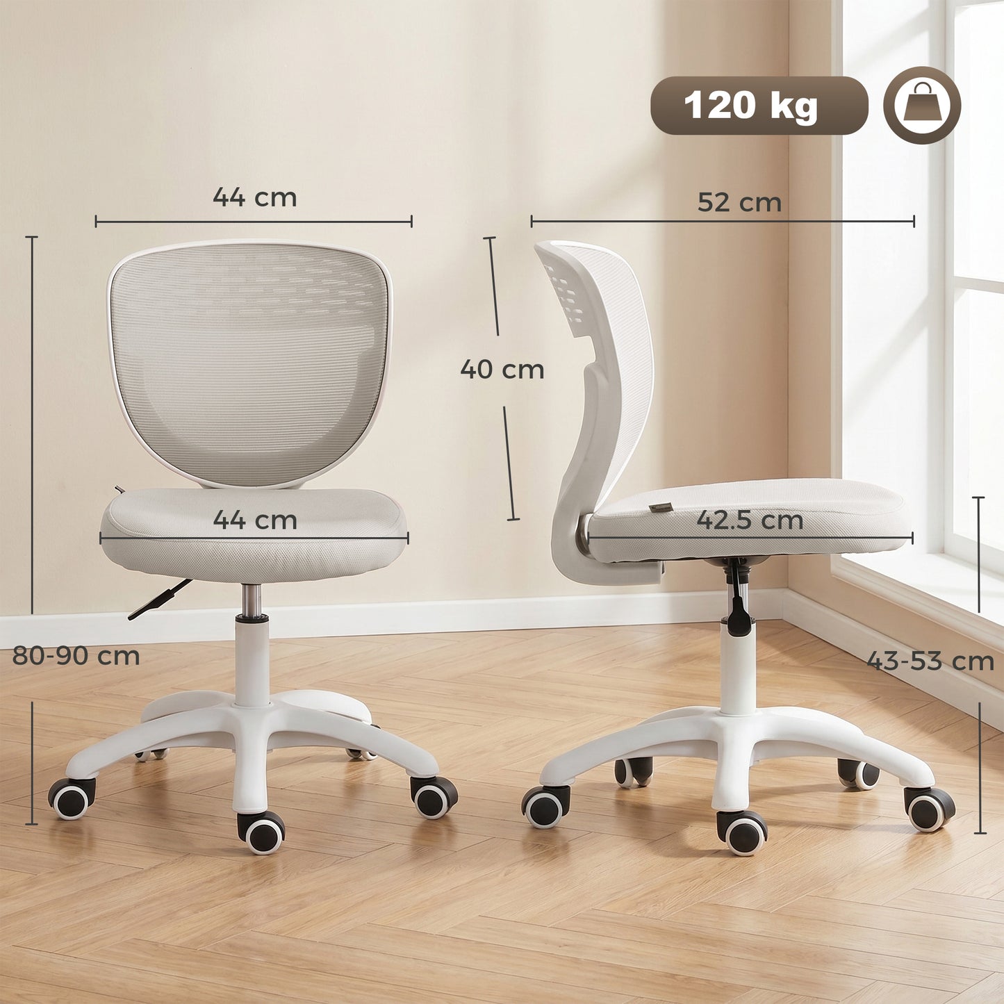 Office Chair, Armless Computer Desk Chair with Breathable Mesh, Adjustable Height, Swivel Wheels, Grey