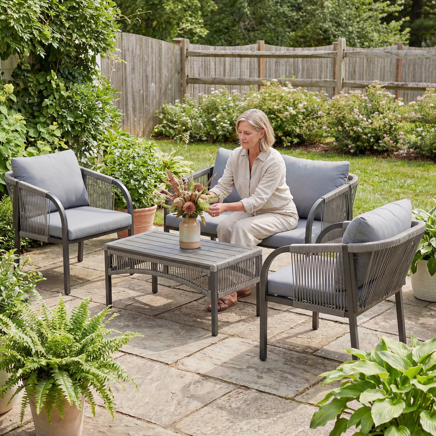4 Piece Rattan Garden Furniture Set with Loveseat, Armchairs, Table, Steel Frame Wicker Patio Conversation Set, Grey