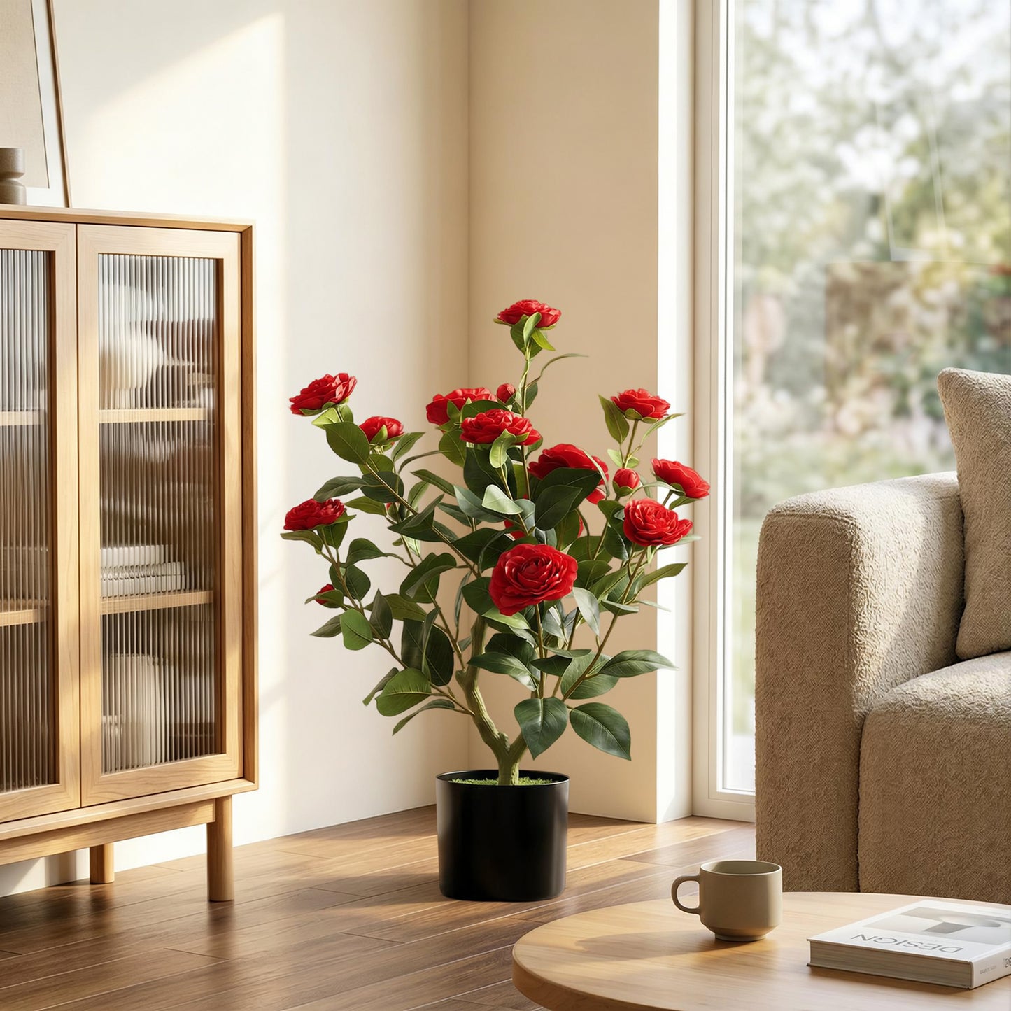65cm Artificial Camellia Flower Plant in Pot with 116 Lush Leaves & Moss Effect, Red