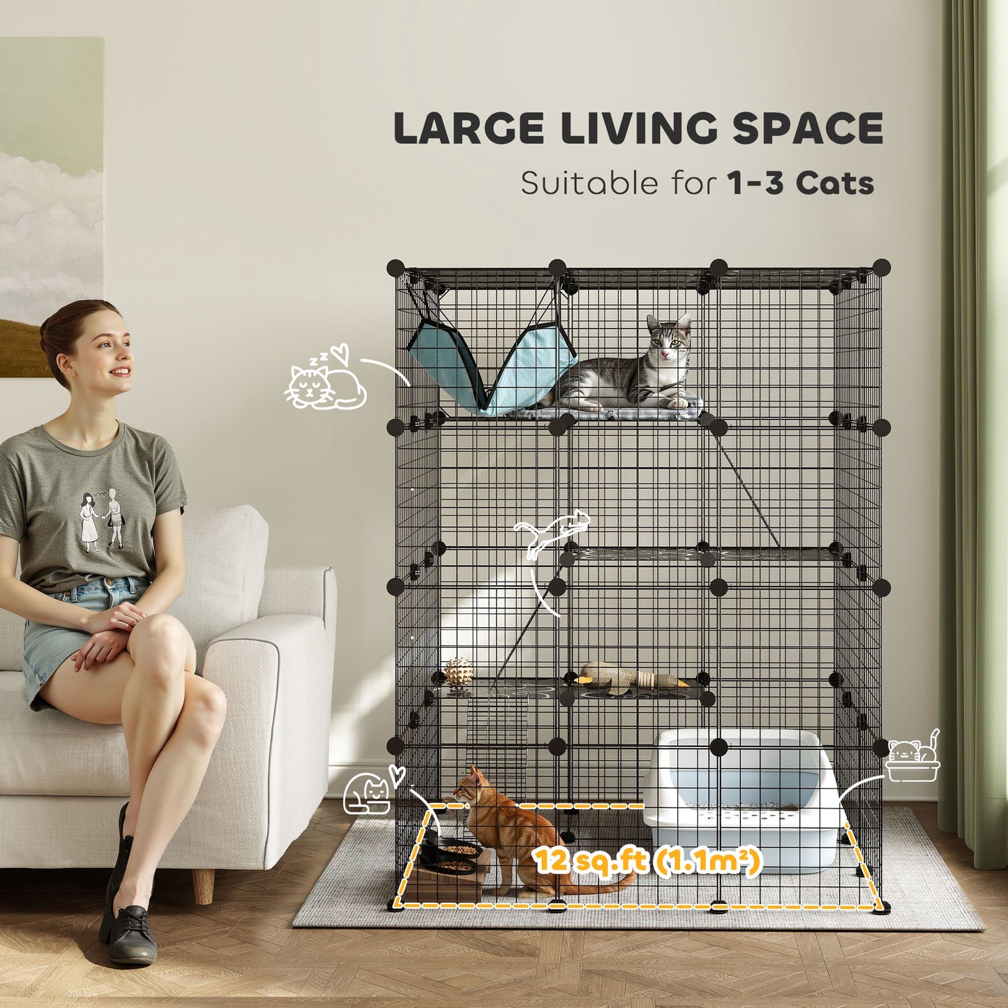 Steel Wire Cat Cage Indoor with Hammock, Ramps, Doors, DIY Cat Enclosure for 1-3 Cats, Black