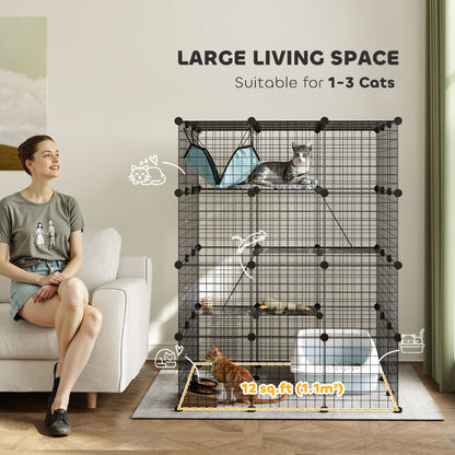 Steel Wire Cat Cage Indoor with Hammock, Ramps, Doors, DIY Cat Enclosure for 1-3 Cats, Black