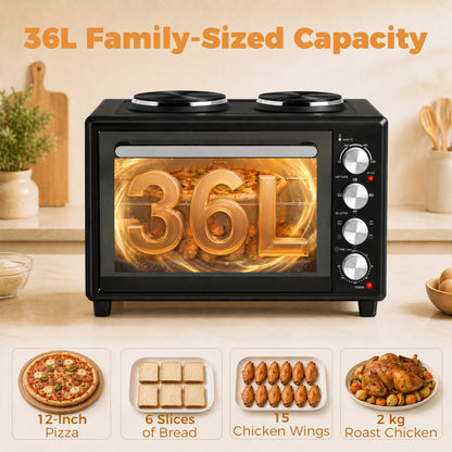 36L Mini Oven with Dual Hot Plates, Electric Countertop Cooker with Convection, 90–230°C Adjustable Temperature