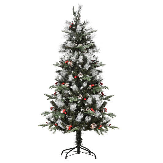 5FT Artificial Snow Dipped Christmas Tree Xmas Pencil Tree Holiday Home Party Decoration with Foldable Feet Red Berries White