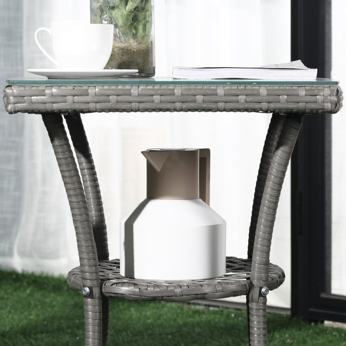 3 Pieces Rattan Bistro Set, Wicker Garden Furniture Set with 2-Tier Coffee Table and Chairs, Washable Cushions