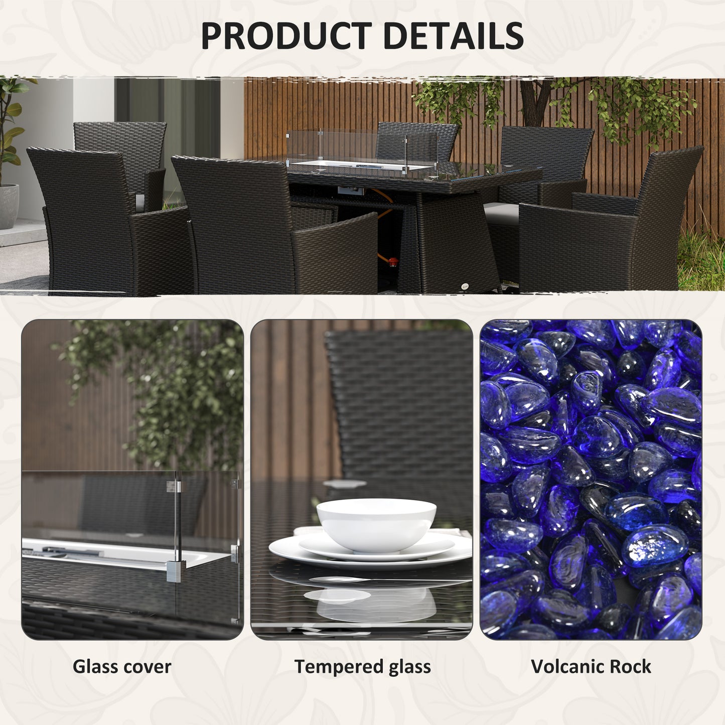 7 Pieces Outdoor Rattan Garden Furniture with Fire Pit Table, 6 Seater Garden Table and Chairs with Cushions