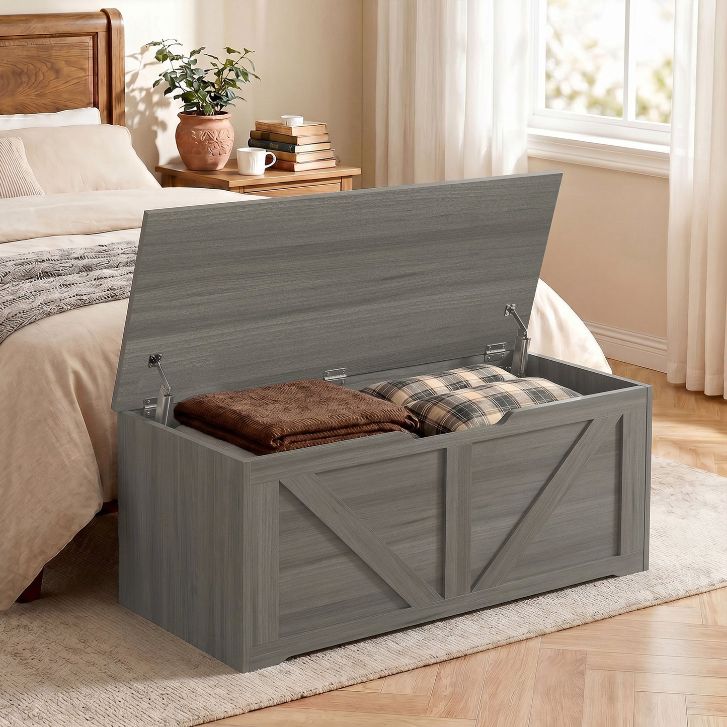 127L Home Storage Box, with Safety Hinges - Dark Grey Wood-Effect