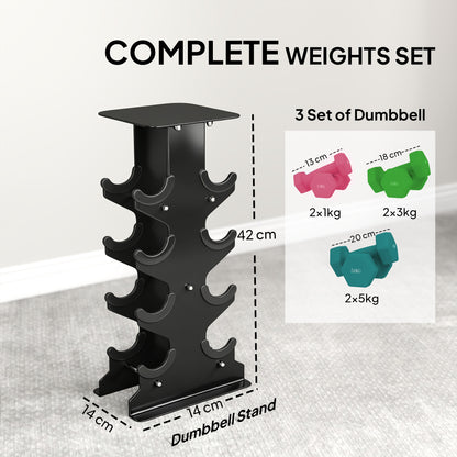 Hex Dumbbells Set with Dumbbell Rack, Non Slip Hand Weights for Home Gym Strength Training, 2 x 1kg, 2 x 3kg, 2 x 5kg