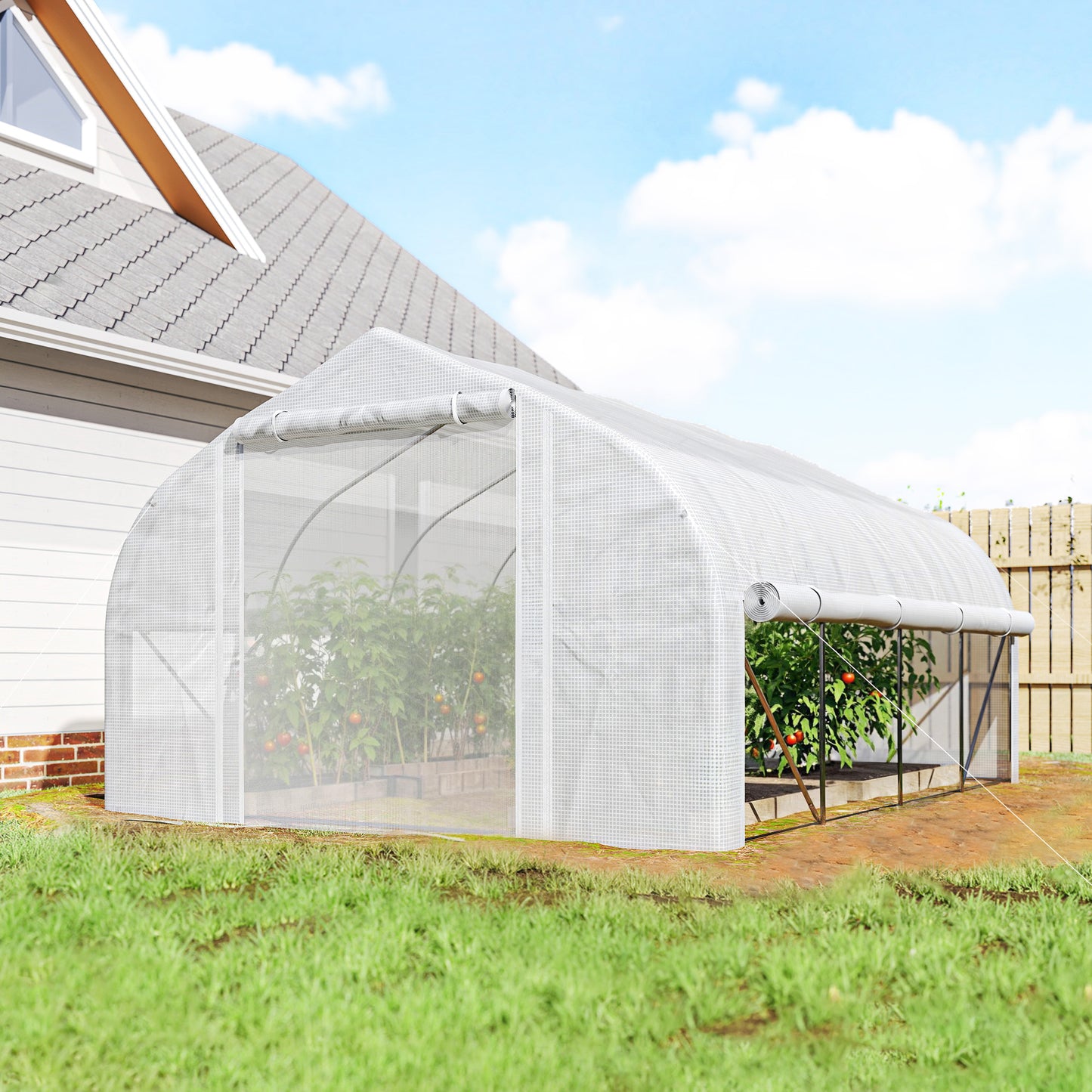 4 x 3(m) Walk-in Polytunnel Greenhouse, Zipped Roll Up Sidewalls, Mesh Door, 8 Mesh Windows, Tunnel Warm House Tent