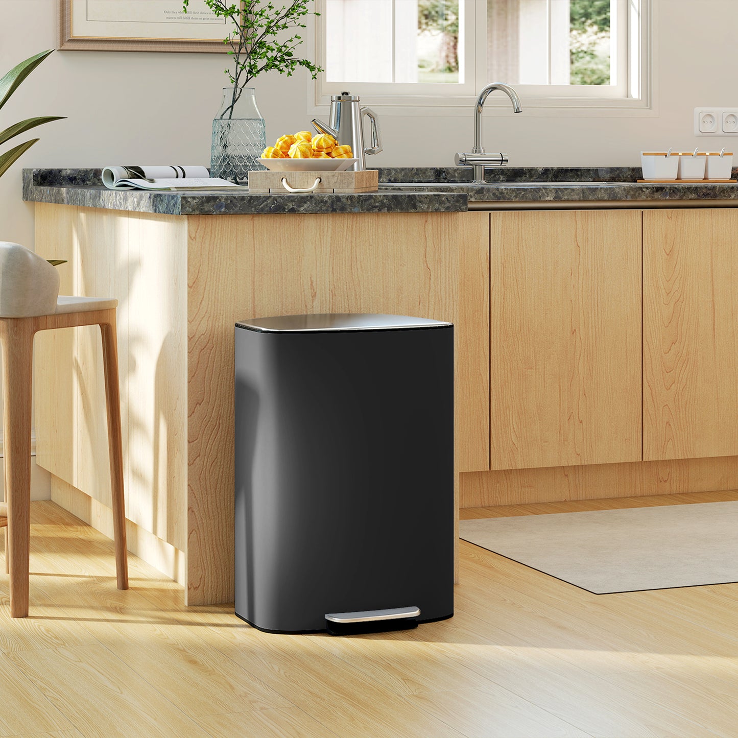 50L Kitchen Bin with Soft-Close Lid and Stay-Open Function, Stainless Steel Pedal Bin with Removable Inner Bucket