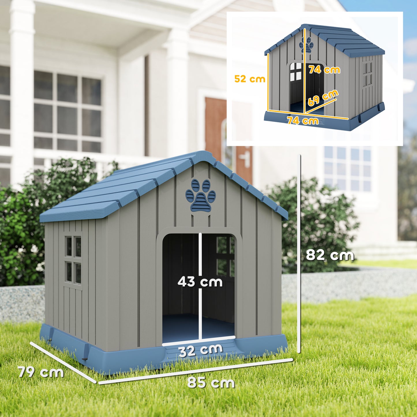 Dog Kennel Outdoor for Medium Dogs, Waterproof Plastic Dog House for Garden, Patio, 85 x 79 x 82 cm, Grey