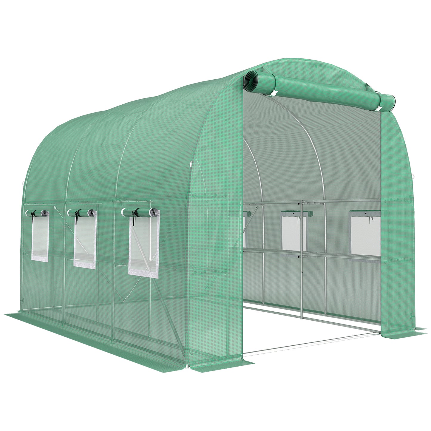 Walk-in Greenhouse with Shelves, Polytunnel Greenhouse with Roll-Up Door, 6 Mesh Windows,198 x 275 x 191 cm, Green